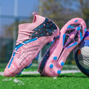 Chaussures de Football en gazon artificiel rose pour hommes, chaussures de Football antidérapantes de haute qualité, crampons de terrain de Football pour adultes